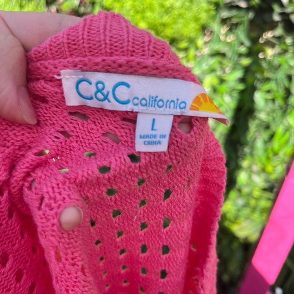 C&C California 100% Cotton Pink Open Knit Crochet Tie Front Cardigan Size Large - Picture 4 of 5